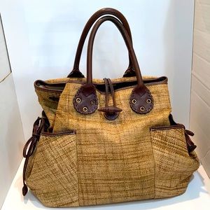 Burberry Straw & Leather Tote Satchel Bag